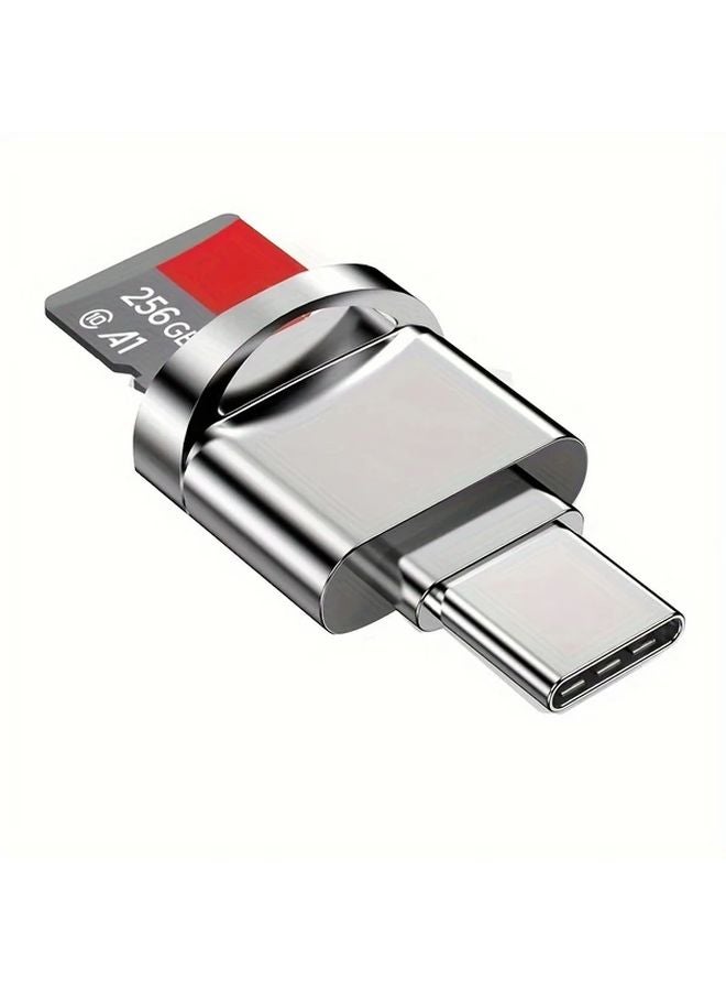 Silvery Dual USB C Card Reader for SD TF Cards 256GB Portable Data Transfer High Gloss Metal Finish - Image 3